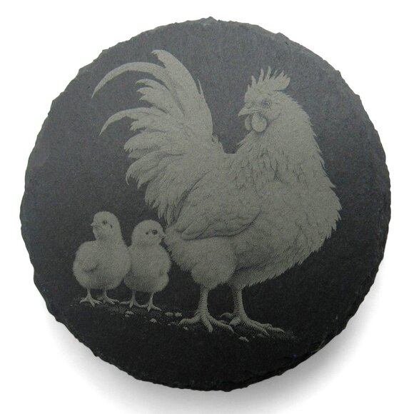 CHICKEN COASTERS Round Slate Rustic Farmhouse Decor Set of 4 - Picture 1 of 6